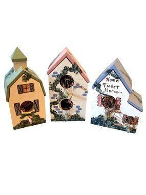 Vintage Folk Art Bird Houses Artist Signed Home Tweet Home Wooden Hand Painted